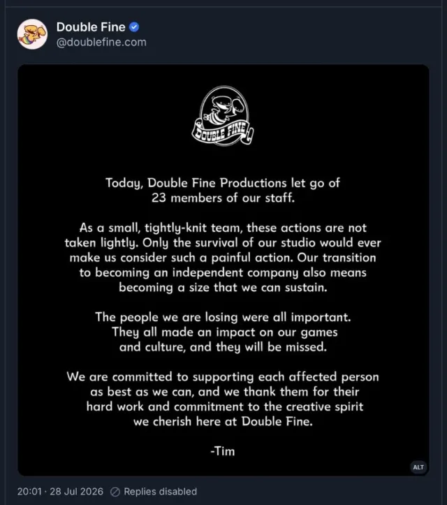 Double Fine is independent again, but they’ve had to make layoffs