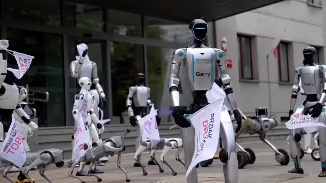 Robots congregate outside Polish ministry as part of demonstration for more AI regulation