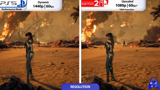 Stellar Blade "Switch 2 vs. PS5" graphics and framerate comparison