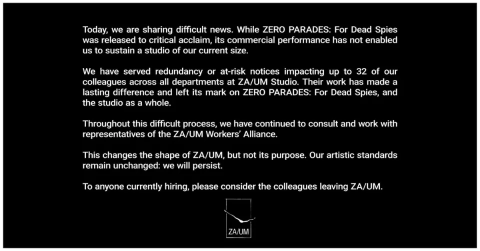 Zero Parades: For Dead Spies Sales Result In ZA/UM Layoffs