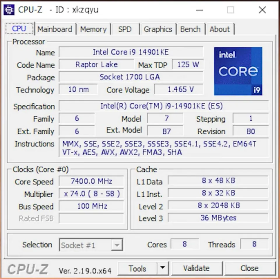 Prototype Intel Core i9-14901KE CPU with no E-Cores benchmarked and overclocked to 7.4GHz