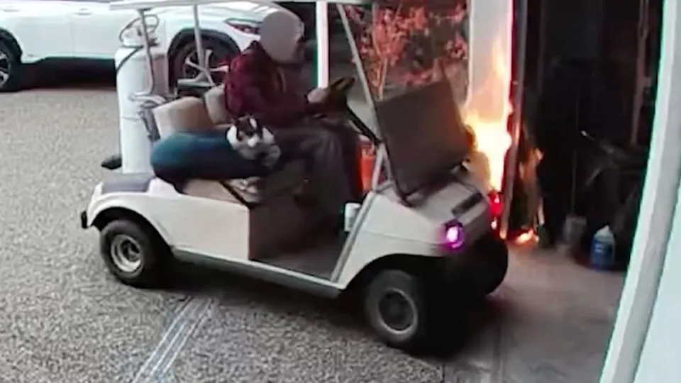 Man arrested after torching stranger’s garage and fleeing on golf cart with dog
