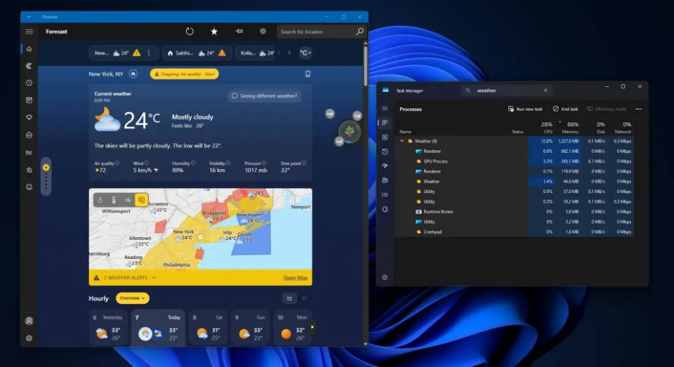 Windows 11 weather app takes 1.2GB of RAM, 5x more than macOS equivalent