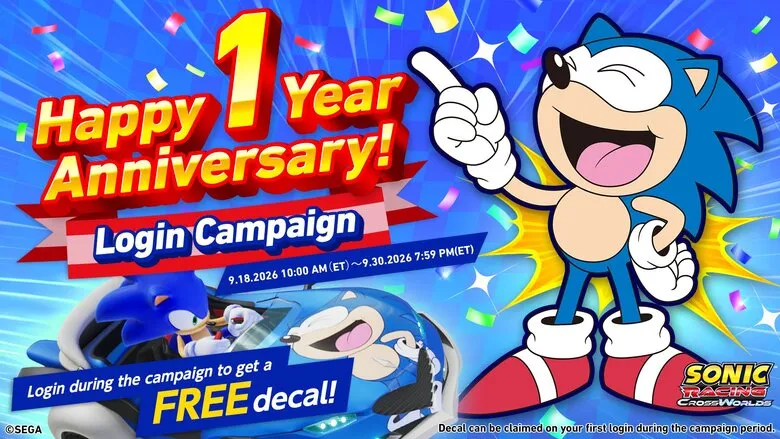 SEGA celebrates Sonic Racing CrossWorlds 1st year with Classic Sonic decal